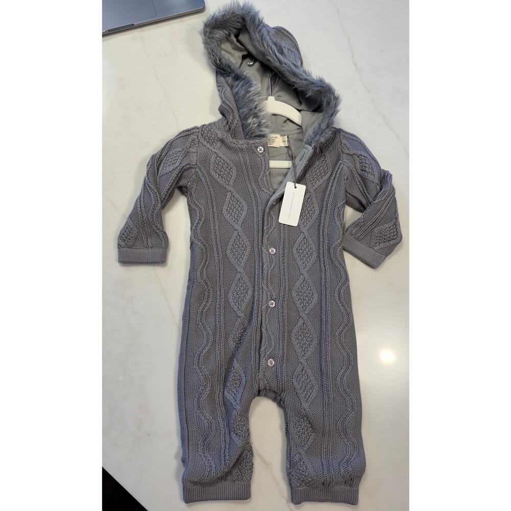 NWT Monica + Andy jumper Baby 6-9 Month Gray Hooded Cable Knit Faux Fur Lined